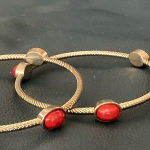 Vintage Bangle Bracelet Lot Red Stone Silvertone India Boho Set of 2 One…